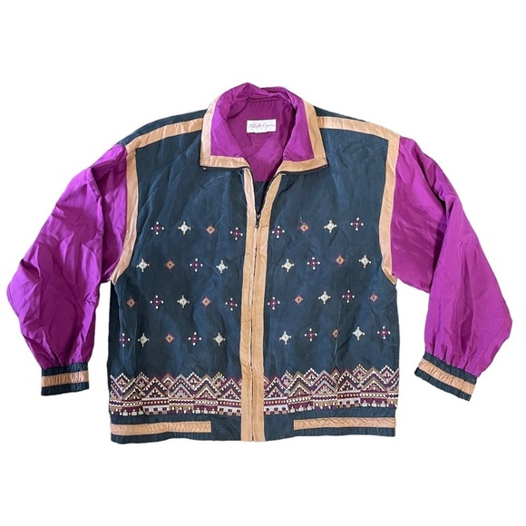 90S VINTAGE SILK Black Purple Tan Aztec Western Tribal Print Boho Windbreaker - Picture 4 of 6